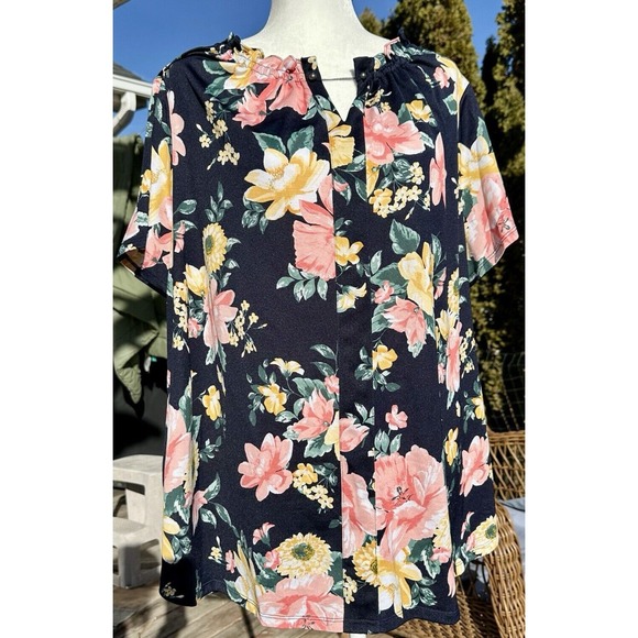 croft & barrow Tops - Croft‎ & Barrow Floral Peasant Top Women's Size 3X Navy Short Sleeve Cottagecore